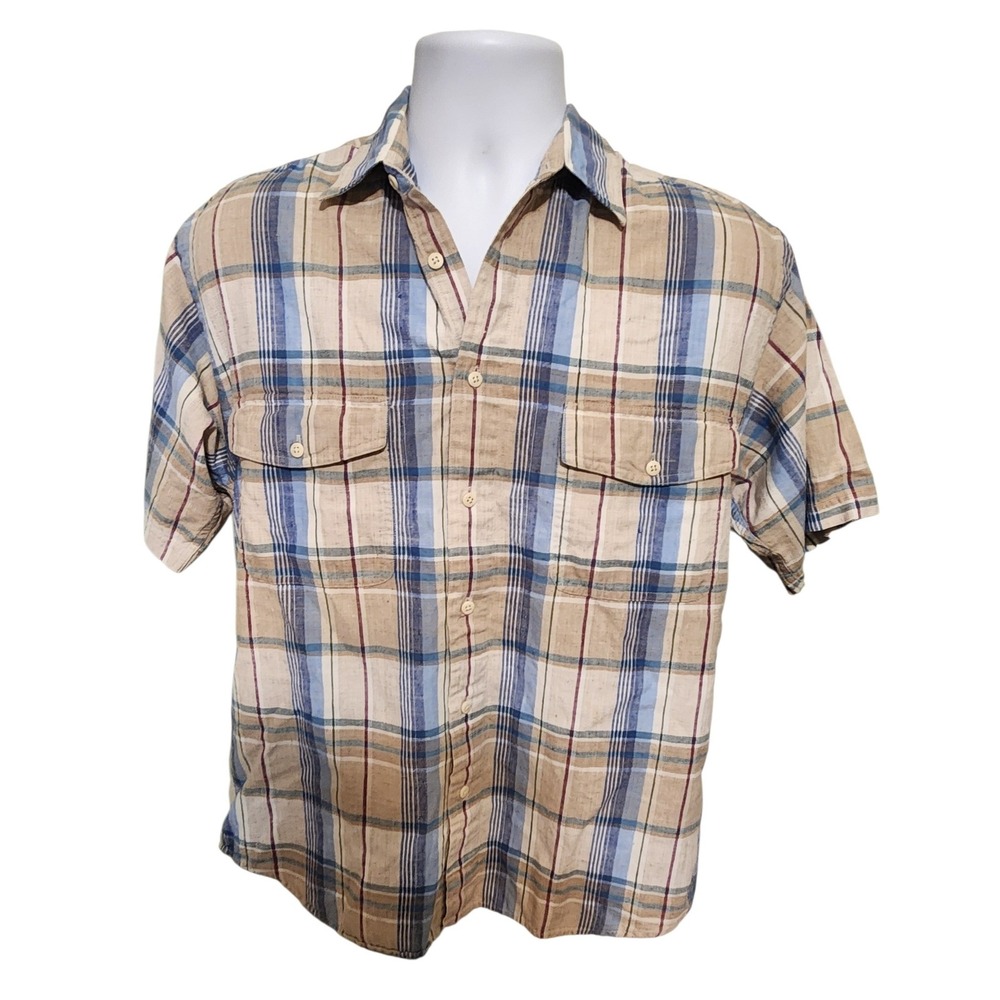 Eddie Bauer Mens Short Sleeve Plaid Button Up Shirt Roughspun Cotton Size Medium